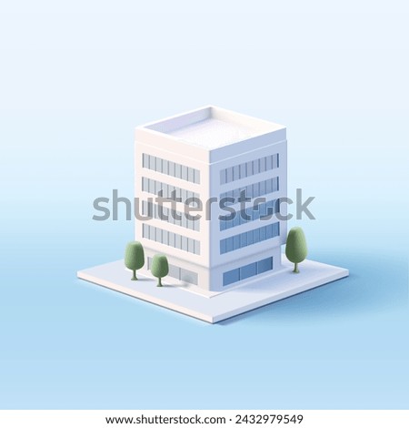 Business center building 3d render illustration with windows and trees, simple icon in white colours