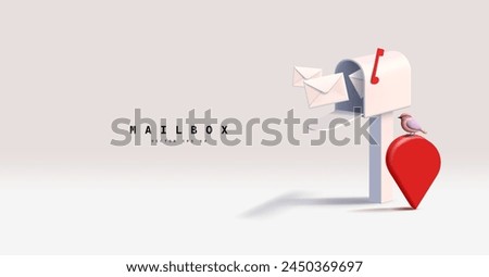 An open mailbox with letters, a navigation icon, and a bird, 3D. For postal service concepts, business, news, correspondence, and important government documents. Vector illustration