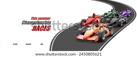 3D sports cars, racing cars in motion on the track. Banner for advertising rally sports competitions. The season opener, top riders and champions. Vector illustration.