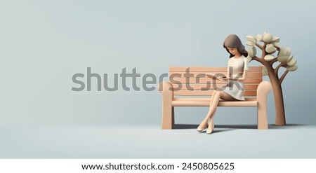 A girl reads a book on a bench, and a tree, 3D. Banner for the concepts of rest, leisure, pleasant leisure in the park, and reading favorite books in nature. Vector illustration.