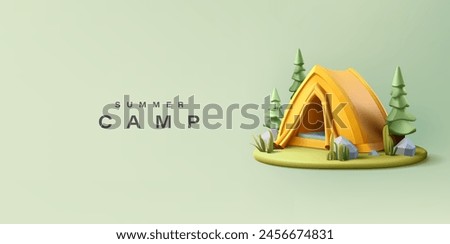 Yellow tent, forest, 3D. Summer recreation in nature, camping. Family travel, lifestyle, unity with nature. Vector