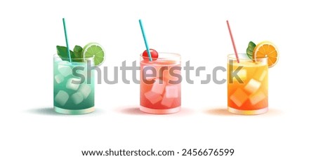 A set of colored alcoholic and non-alcoholic cocktails in glasses with ice, 3D. Cocktails for design concepts of restaurants, pubs, refreshingly cold and delicious drinks. Vector