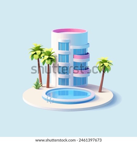 Hotel with a pool and palm trees, 3D. High-rise hotel building. For concepts of family summer vacation in a resort town, near the sea, or in the city. Vector