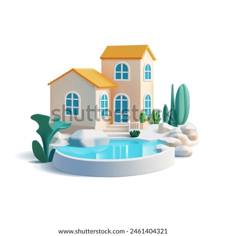 A beautiful villa with a pool and a yard 3D. For leisure, lifestyle, vacation, and enjoyment design concepts. Country house apartments near the sea. Vector