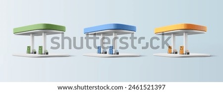 Set of colored gas stations, 3D building. For petroleum product advertising concepts, brand visualizations, and promotion of quality gasoline. Vector