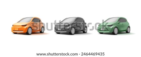 Set of colored realistic cars, 3D. Modern hatchback for comfortable and safe driving. New technologies, hybrids, electric cars. Vector