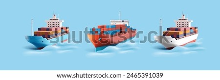 Set of colored cargo ships with containers, 3D. Rendering of cargo ships for international maritime trade and transportation design concepts. Vector