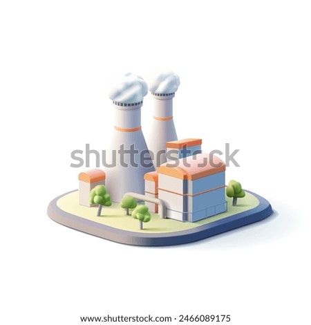 Nuclear power plant, plant, production, 3D industrial building. For concepts of electricity generation, production of products and goods. Vector