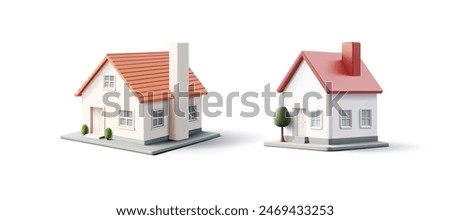 Set of realistic houses, 3D. Real estate, construction, rent, sale, security. 3D rendering on a white background. Vector