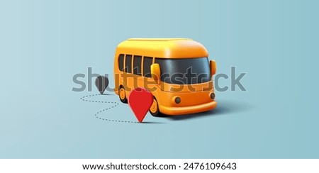 Yellow city bus and navigation icons, 3D. Travel, education, school transport, passenger transportation. Vector