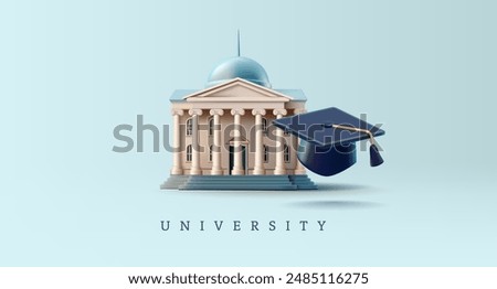 Realistic university building with graduate cap, 3D. For advertising and promotion of quality education at a university, academy, or college. Ancient architecture with columns. Vector