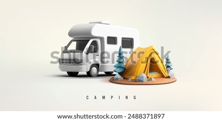 Tourist motor home, camper, tent, trees, 3D. For concepts of family summer recreation in nature, camping, bright family travel, and vacation. Vector