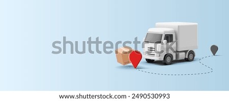 White truck, box, path, tracking, 3D. For logistics concepts, order delivery service. Vector