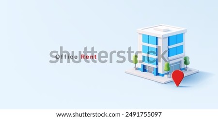 3D building of modern business center with navigation icon. Banner for commercial real estate rental, buying, and selling concepts. Business, investment, finance. Vector