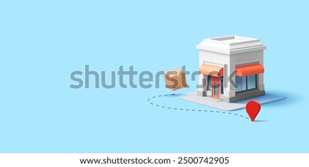 Store building, boxes, location, 3D. Ordering, logistics and delivery of goods from your warehouse. Store location. Business profits, trade. Vector illustration.