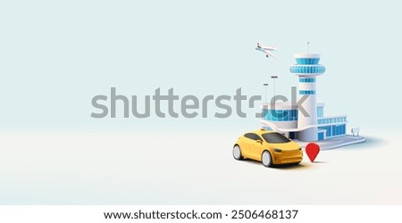 Airport building, taxi, plane, 3D. Realistic image for concepts of passenger transportation, taxi service, service, business, and commercial transportation. Banner for web design. Vector