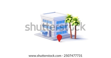 White modern building with palm trees and location icon, 3D. Realistic hospital, bank, office building. For business concepts, services, commercial real estate. Vector