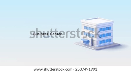 Business center, office building, 3D. Realistic building exterior for commercial real estate, rent, sale, business advertising, and promotion concepts. Vector