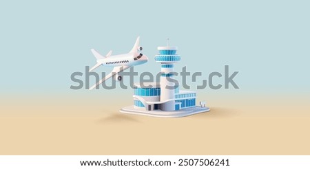 3D modern airport building, passenger plane. Banner for design and advertising concepts of passenger transportation, international airports, buying and selling tickets. Vector