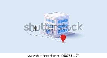 The modern business center building, office, location icon, 3D. For convenient location concepts, real estate is on the map. Vector