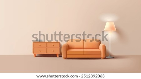 Realistic interior, 3D. A sofa, a floor lamp, a bookshelf. Rest room, guest room. Banner for advertising home coziness and comfort. Vector illustration.