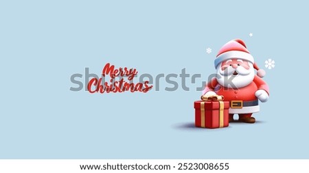 Christmas cheerful character of Santa Claus with a gift, 3D. Beautiful funny Santa character for Merry Christmas, greetings, parties, advertising, and design concepts. Vector illustration.