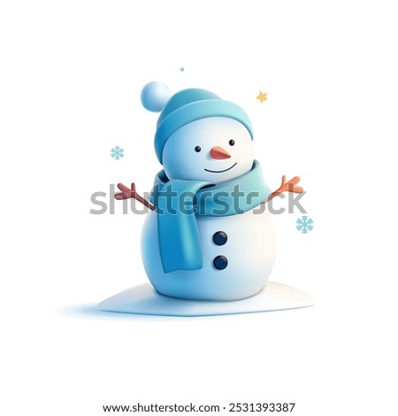 3D snowman in a hat and scarf. Smiling snowman character for advertising concepts of New Year holidays. Vector illustration.