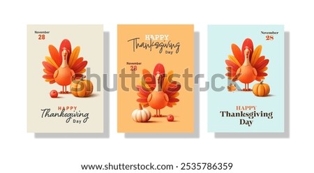 Thanksgiving poster. 3D stylized turkey bird, pumpkin, apple, leaves. Bright posters for celebrating a traditional American holiday. Generous harvest. Vector