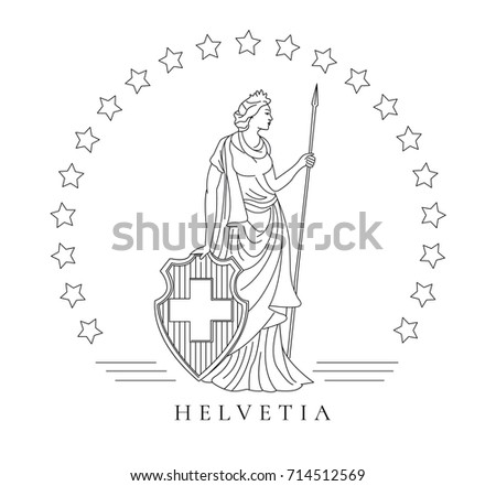 personified symbol of Switzerland, woman with shield and spaer, graphic illustration in line technique, monochrome
