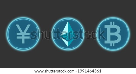 Cryptocurrency Chinese yuan, bitcoin and ethereum in blue on a gray background. Digital currency symbols. Technological network vector illustration. Cryptocurrency, virtual electronic money, internet 
