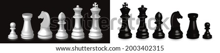 3d chess pieces stand in a row on a black and white background. 3d chess isolated on black and white background.
