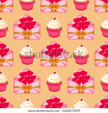 Seamless colorful pattern with pink envelopes tied with satin ribbons and filled with red hearts, along with delectable delicious cupcakes with whipped vanilla cream in paper crimped packaging. Vector