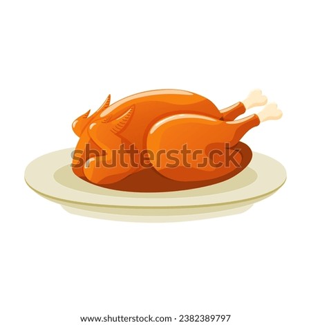 Roast turkey bird on a plate for Thanksgiving or harvest festival. Baked grilled chicken on a plate. Isolated holiday poultry food. Fried white meat chicken. Vector illustration.