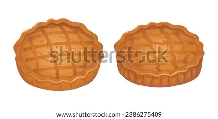 Two pumpkin or apple pies, a traditional Thanksgiving dessert. Fragrant sweet pastry made from dough with a crispy crust. A confectionery product made from flour with filling and spices. Vector.