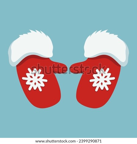 Two red mittens with snowflakes on them. Red mittens of Santa Claus with fur. Symbol of Christmas and New Year. Warm clothes for the winter season. Vector illustration.