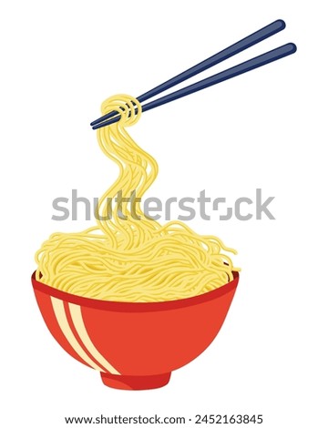 Yellow long noodles ramen in a red bowl with chopsticks. Oriental asian food. Vector illustration. 