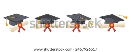 Collection of academic graduation caps and diploma scrolls in different positions on a white background. Traditional graduation ceremony symbols: diploma with ribbon and academic hat.