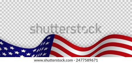 Wavy American flag on a transparent background. National symbol of the USA. Banner for Independence Day 4th of July, Memorial, Veterans Day, freedom and democracy celebration.