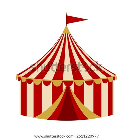 Circus tent isolated. A classic circus tent with red and white stripes, topped with a small red flag. Design of a traditional circus environment.