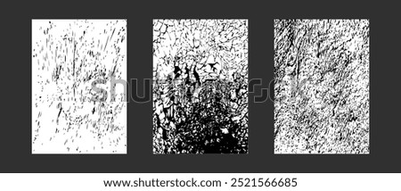 A set of three abstract black and white textured backgrounds with various cracked and distressed pattern. For use in graphic design project, overlay, poster, or grunge themed artwork.