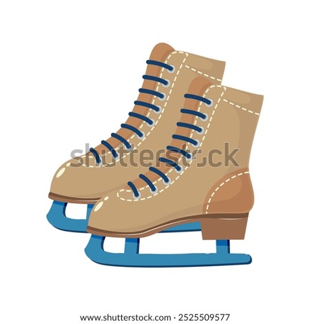 A pair of beige ice skates with blue laces and blades. This illustration is ideal for winter sports, ice skating, or cold season themes.