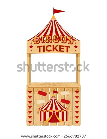 Circus Ticket Booth. Wooden circus ticket booth with red and beige striped tent design and flag. Selling tickets for the upcoming circus show.