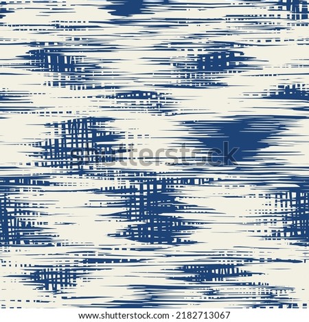 Macrame Check Tie Dye Seamless Pattern. Geometric Monochrome Tartan Textile Imitation.  Geometric Art Print. Shibory Minimalism Background. Scottish Watercolor. Japan Design. Indigo Blue and Beige