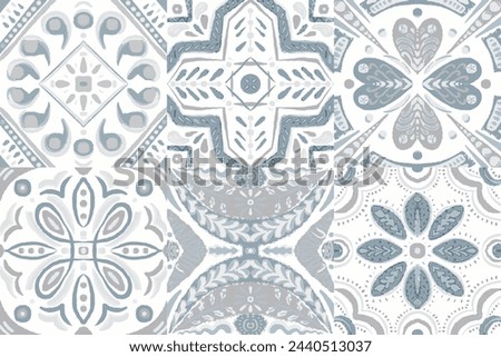 Majolica Vector Pattern. Ceramic Background. Grey and White Sicilian Mosaic.Ethnic Square Tile. Vintage Talavera Border. Watercolor Azulejo Seamless Design. Portuguese Patchwork Ornament.