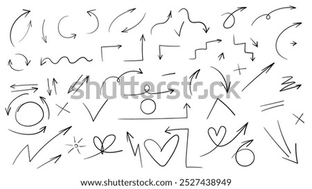 Arrows set. Business Plan Infographics Arrows Showing Growth, Ups and Downs. Indicators of the way, the movement. Graphics Illustration Signs. Flat Hand Drawn Comic Doodle Cursors. Black Icon Bolts. 