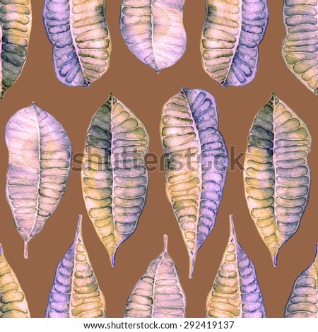 Watercolor seamless pattern with exotic leaves. Allover print with banana, palm leaves. Modern bohemian background.