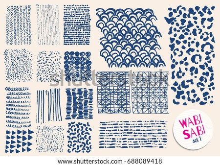 Vector hand drawn indigo textures. Hipster grunge drawings. Stripes, brushes, spots, blots, dots, triangles, waves and grids. Japanese brushstrokes. Boho print.  