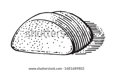 A piece of bread. Hand drawing. Sliced half loaf. Quick sketch. Pencil, felt-tip pen, paper. Trace Isolated vector illustration for banner, label, logo, brand.