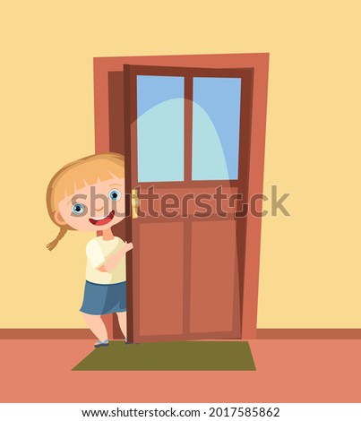 Child peek in the door. Opened the entrance. Funny girl kid. View from inside the room. Cartoon style. Flat design. Vector