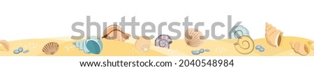 Frontal view of the seashore. Yellow sandy beach. Shellfish and snail shells. Close up View. The isolated object on a white background. Seamless Vector